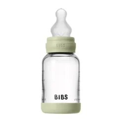 BIBS Fles - Slow Flow - Ronde Speen - 120 ml - Glas/Silicone - Baby Blue> Flessen